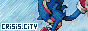 A small rectangular button that reads crisis dot city, the name of the site it links to. Modern Sonic can be seen in a running pose from behind at an intense angle on the right. The background is light blue with motion blur lines.