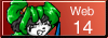 A small rectangular button that reads web 14 on the right. The face of an anthropomorphic panda with green hair in a ponytail and a snarky expression can be seen on the left. The background is red with a slight gradient.