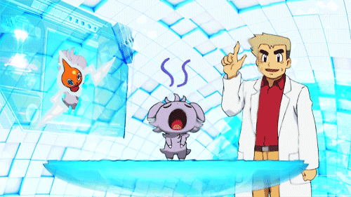 A gif of the pokemon Espurr lifting Professor Oak into the air with psychic powers.
