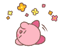 A gif of Kirby rolling around on the ground happily with his eyes closed. Flowers surround the air around him.